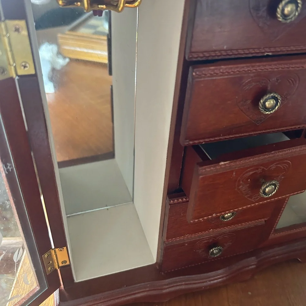 Elegant Wooden Jewelry Organizer with Glass Doors and Heart Accents